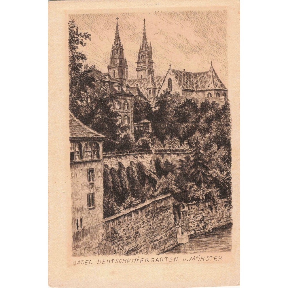 Basel Switzerland Deutschrittergarten Münster Cathedral Etching Art Postcard